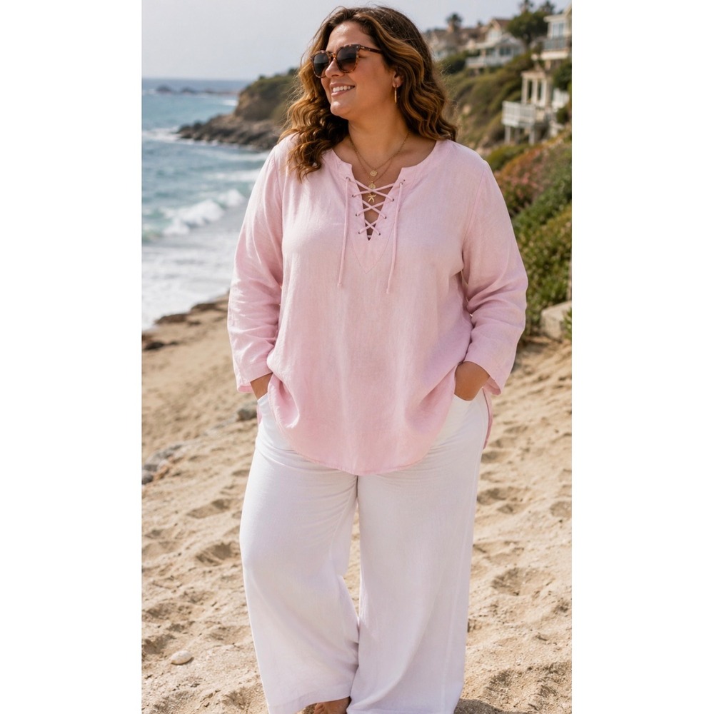 Louise Paris Pink Linen Blend Tunic Top Coastal Resort 2X NWT Lace up